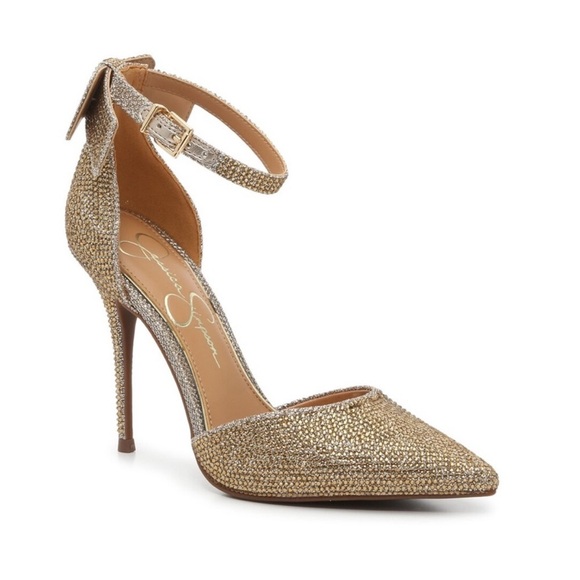 - Jessica Simpson Gold Rhinestone “Whispie” Pointed Toe Ankle Strap Heels 7 - Picture 5 of 15